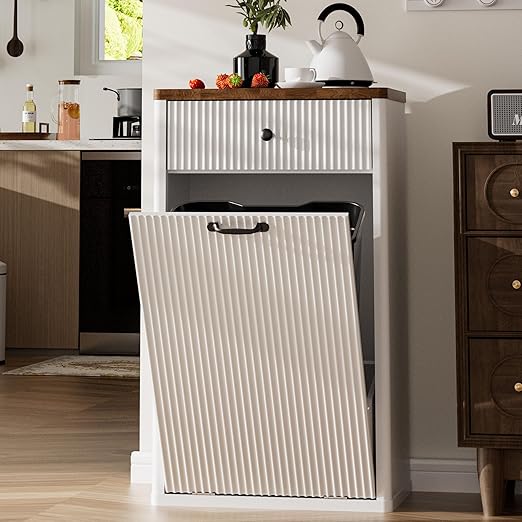 Spurgehom 13 Gallons Tilt Out Trash Can Cabinet Freestanding Kitchen Trash Can Modern Hidden Garbage Recycling Cabinets with Hideaway Drawer Pet Proof Trash Can Holder for Kitchen, White