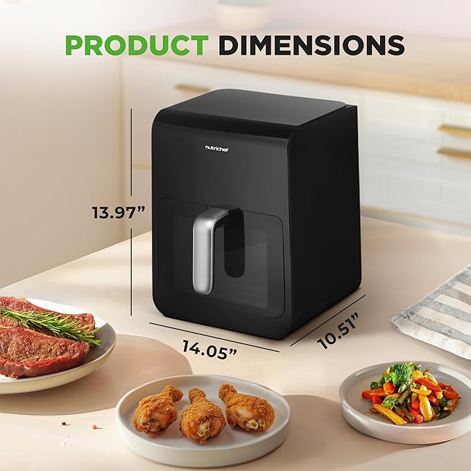 Nutrichef Electric Air Fryer Large 6.3 Quart Capacity | 12-1 Preset Cooking Functions | Includes Tenderizing Function | Digital Display | Transparent Window For Best Cooking Results | Black
