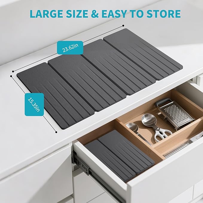 Extral Large Quick Dry Stone Drying Mat for Kitchen Counter,24x16 Inch Collapsible Eco-Friendly Absorbent Diatomaceous Earth Mat for Dishes Cups (Deep Gray-Upgraded Version, 24x16 inch)