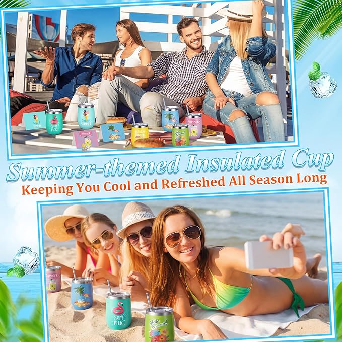 Patelai 36 Pcs Summer Theme Gift Set for Men Women 12oz Stainless Steel Coffee Mug Colorful Cups with Lid and Straw Pens Card Bags Set for College Graduates Party Supplies