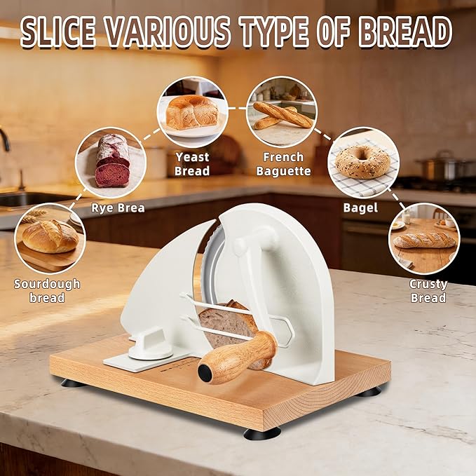 Manual Bread Slicer for Homemade Sourdough Bread Adjustable Thickness Bread Cutter with Hand Crank, Slicing Guide, Scale Line, Stainless Steel Blade & Suction Cups, for Perfect Even Slices (Cream)