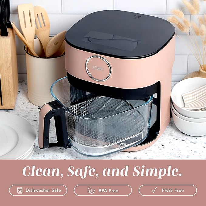COOK WITH COLOR 1400W 5.5Qt Digital Kitchen Air Fryer with Glass Basket, 8 Presets Healthy Cooking Options, Bake, Fry, Reheat, 60-Min Timer, Adjustable Temperature Control 175°F–400°F, Blush