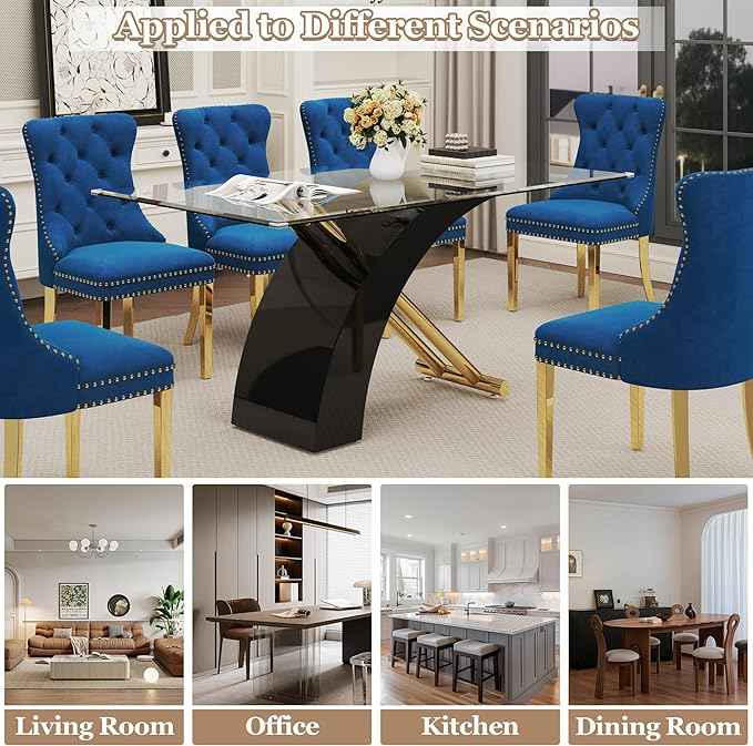 7 Piece Glass Dining Table Set for 6, 63" Modern Kitchen Table with 6 Blue Velvet Chairs, Tempered Glass Tabletop with Black X-Shaped MDF Base, Modern Dining Room Set for Kitchen and Dining Room