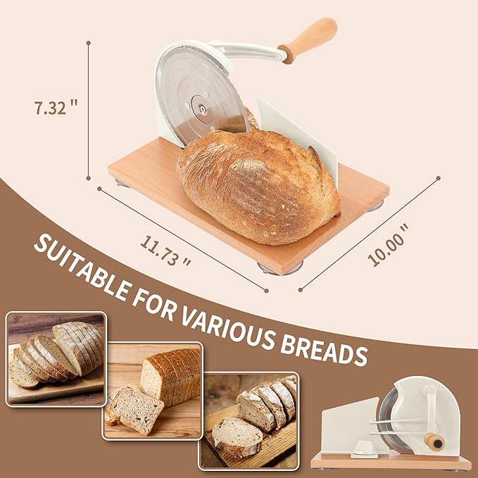 CAWIU Manual Bread Slicer with Hand Crank- Adjustable Thickness Bread Cutter for Even Slices, Perfect for Homemade Sourdough, Sandwich, and More, Cream