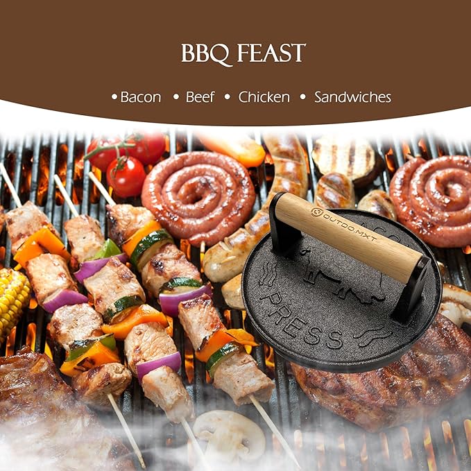 Cast Iron 7" Smash Burger Press,Heavy Duty 2.5lb Burger Smasher with Wood Handle and Silicone Protective Cover for Griddle,Grill Press for Hamburger, Bacon, Steak, Barbecue Grilling Tool