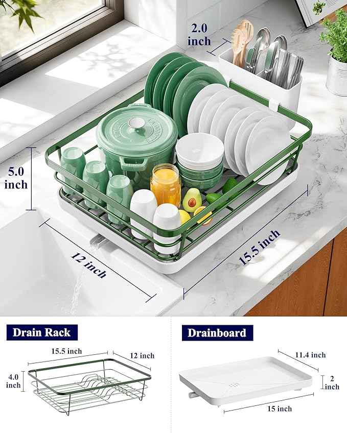 Kitsure Dish Drying Rack for Kitchen Counter, Stainless Steel Sink Organization and Storage Essentials with Cutlery Holder, Home and Appartment Decor, 12''W x 15.5''L, Green