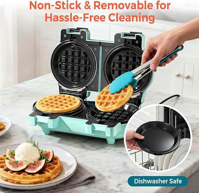 2-in-1 Double Waffle & Pancake Maker - CACHOO Mini 4" Nonstick Waffle Iron & Small Round Griddle with 4 Removable Plate Sets, Dishwasher Safe, Perfect for Small Spaces, Apartments & Dorms, Aqua