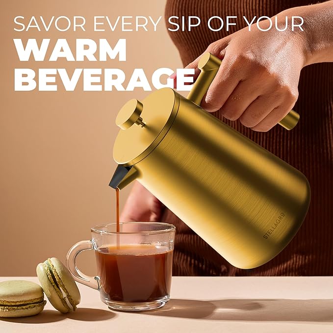 French Press Coffee Maker, Stainless Steel French Press, 34 Oz / 1L, Large Insulated Double Wall Coffee Maker with 3 Extra Mesh Filters, Satin Finish, Gold