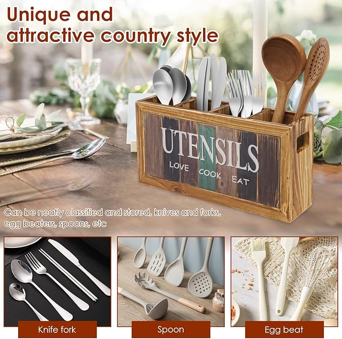 Wood Utensil Holder Practical Utensil Holder with 4 Compartments for Oil Bottle Spatula Cutter and Fork
