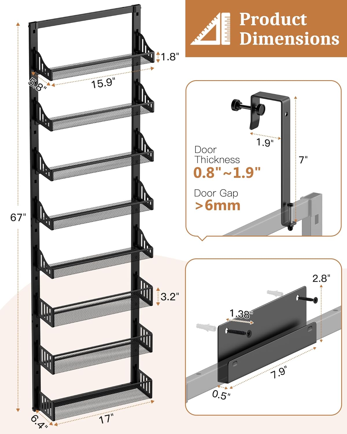8-Tier Over the Door Pantry Organizer, Large Metal Door Spice Rack with Adjustable Basket, 2 in 1 Wall Mount or Hanging Heavy-Duty Pantry Door Storage Shelf for Kitchen and Bathroom, Black