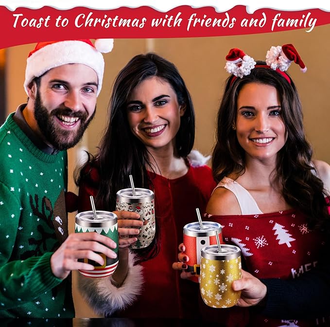 Sliner 4 Pack Pack Christmas Glitter Tumbler Bulk, 12 oz Holiday Wine Tumbler Set Stainless Steel Insulated Sparkling Glitter Cup with Lids Straws and Brushes Travel Mug Xmas Gift (Classic Style)