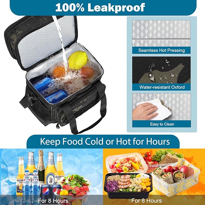GLENKEY Tactical Lunch Box Cooler Bag - Expandable Insulated Lunch Bag for Men Women - Large Lunchbox for Adults Work Shifts Outdoor Trips Black Camo 16L