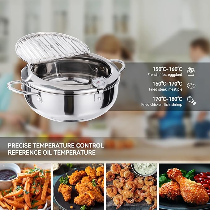 Kerilyn Deep Fryer Pot, 9.4 Inch/3.4 L Janpanese Style Tempura Frying Pot with Lid, 304 Stainless Steel with Temperature Control and Oil Drip Drainer Rack, for Kitchen French Fries, Chicken etc