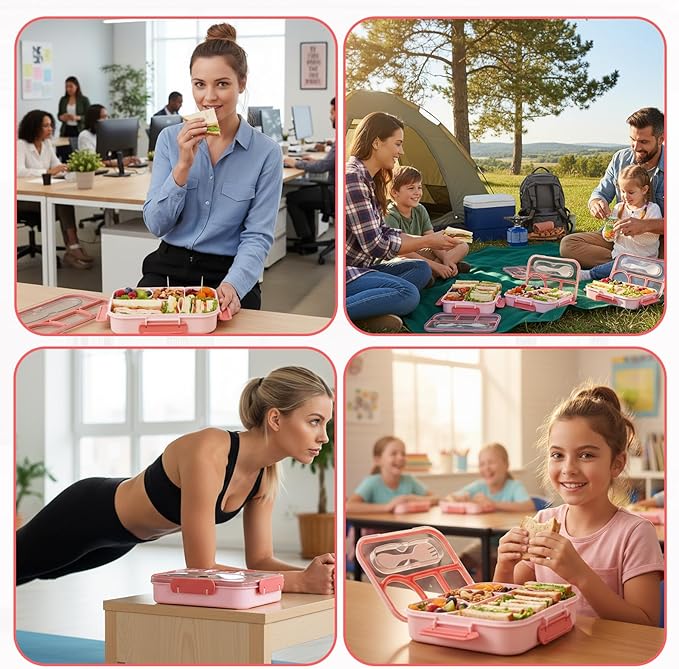 Bento Box for Adults,4 Compartments Lunch Box, Snack Containers Reusable Lunch Containers Drop-Proof, Dishwasher Safe & Made with BPA-Free Materials, Pink