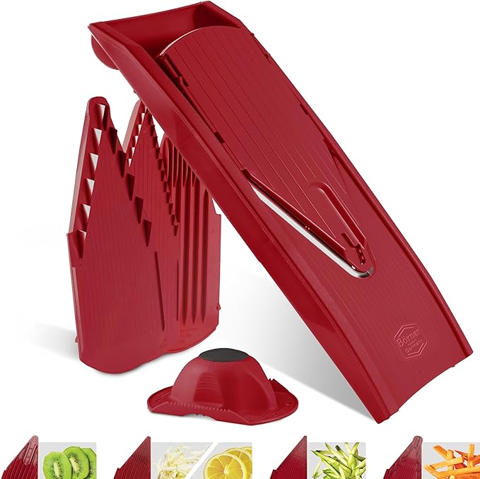 Mandoline Food Slicer Börner V1 (Starter Set) by Reston Lloyd • V-Slicer with 3 Blade Inserts & Food Holder • Made in Germany • Fruit & Vegetable Chopper • Multiple Settings • Color: Red