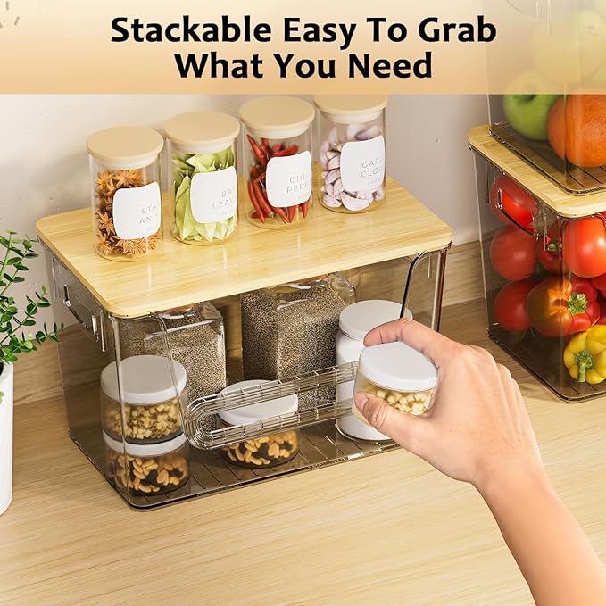 Delamu 2 Set Pantry Organizers and Storage,Trash Bag Dispenser with Bamboo Top,Stackable Trash Bag Dispenser Under Sink Organizer for 4-30 GalBags,Onion,Potato,Fruits,Gray(11.22" L*7" W*7.12" H)