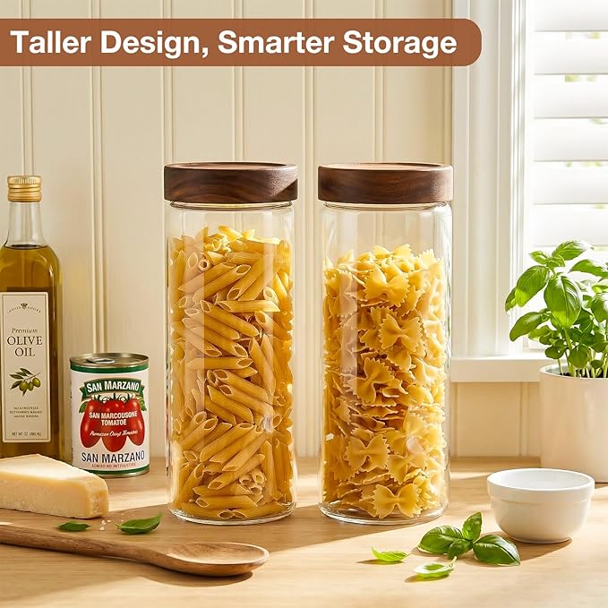CONNOO 2-Pack 50oz Glass Storage Containers with Wood Lids – 120 Waterproof Labels Included – Tall Airtight Pantry Organizers for Short Pasta, Flour – Modern Kitchen Decor