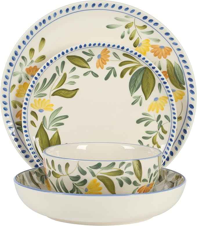 Bloomhouse - Two Time Oprah's Favorite Things Winner - Posy Blossom Double Bowl Hand Painted Stoneware Plates and Bowls Floral Dinnerware Set, Service for Four (16pcs)
