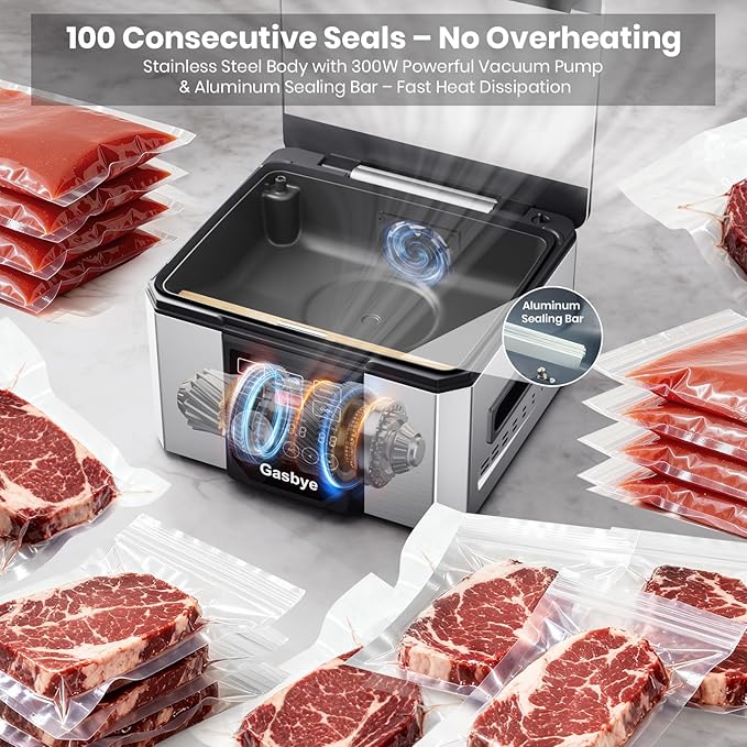 Gasbye Chamber Vacuum Sealer – 5.3QT Large Chamber, Replaceable 11.5" Sealing Bar with Double Seal, Perfect for Meats, Soups, Sauces & Liquids, Includes 30 Pre-Cut Vacuum Bags, Stainless Steel