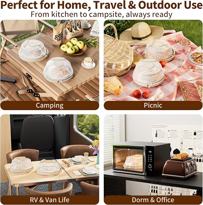 10 inch Microwave Splatter Cover for Food with Water Steamer, Collapsible Plastic & Silicone Microwave Plate Cover with Handle and Anti-Scald Base Plate, Kitchen Cooking Guard, Beige
