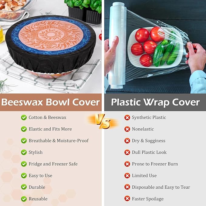 5-Size Reusable Beeswax Bowl Covers for Bread Proofing, Cotton Cloth Flexible Beeswax Wraps for Food Storage(Concentric Circle)