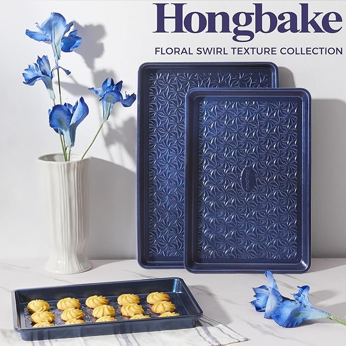 HONGBAKE Nonstick Baking Sheet Pan Set of 3, Cookie Sheets for Oven, Non-Toxic Half/Quarter/Jelly Roll Pans with Floral Swirl Texture, Heavy Duty 0.8mm Thick Oven Trays for Cooking, Blue