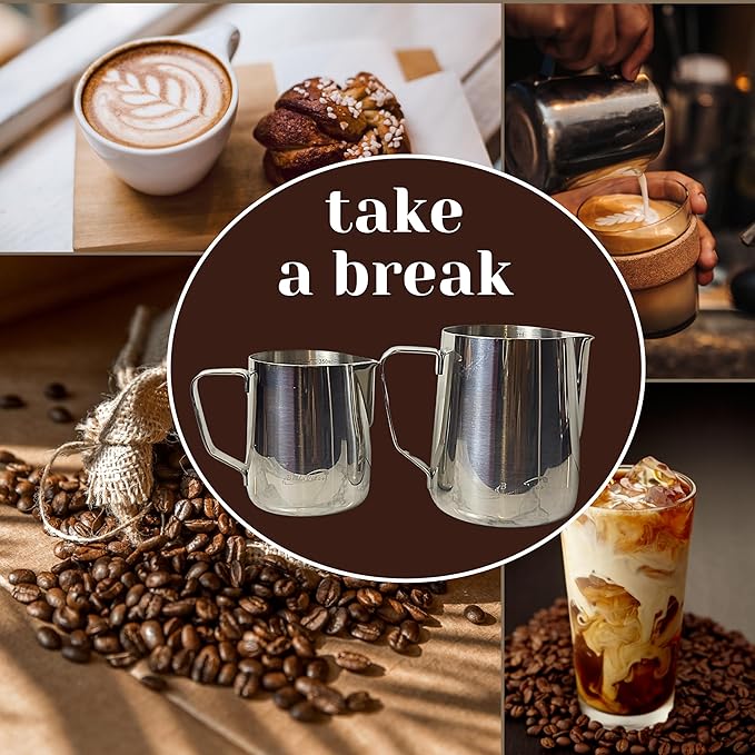 Milk Frothing Pitcher Set 12oz/350ml, 304 Stainless Steel Milk Frother Cup with Cocoa Shaker, Latte Art Pen, Stencils, Espresso Machine Accessories & Coffee Barista Tools Latte Pitcher Gift