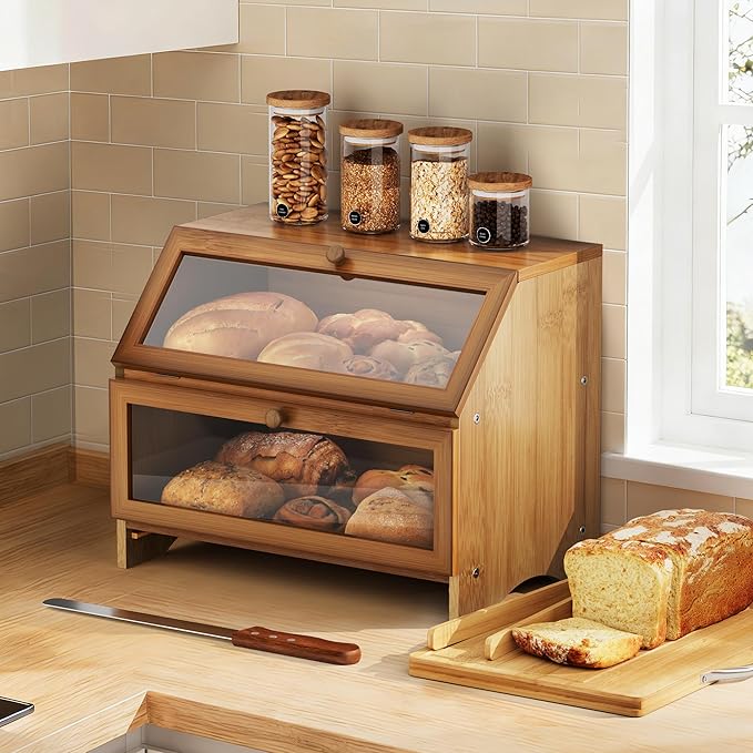 MAISONPEX Double Layer Bamboo Bread Box for Kitchen Countertop, Large Capacity, Cutting Board, Stainless Steel Bread Knife, Double Layer Storage Container with Clear Windows, Walnut