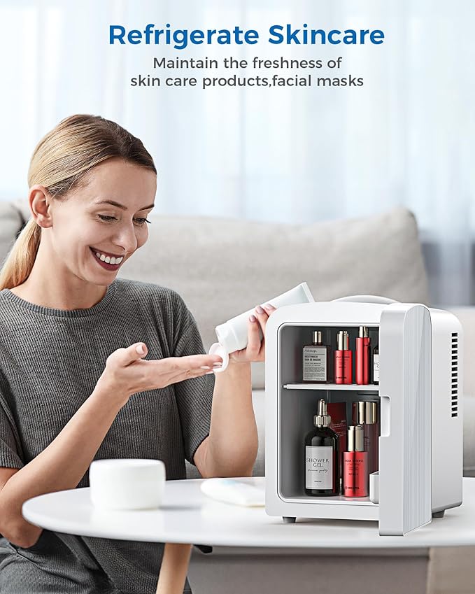 Electactic Mini Fridge, 4L/6 Cans Cooler & Warmer Portable Compact Refrigerator, Small Skincare Fridge for Makeup Food and Drinks, Small Cooler for Bedroom, Cosmetics, Car, Office, White
