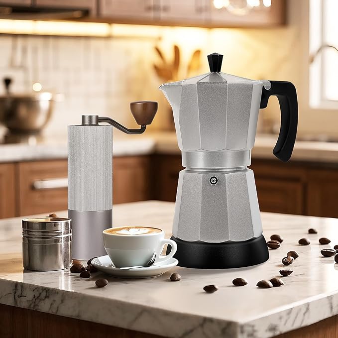 Silver Aluminum Electric Moka Pot, 3 or 6 Cups Espresso Maker with Dose Reduction Plate
