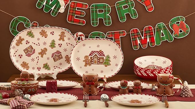 Bico Traditional Christmas Gingerbread Man Ceramic 16 inch plus 12 inch Ceramic Oval Platter, Set of 2, for Serving Turkey, Steak, Salad, Microwave & Dishwasher Safe