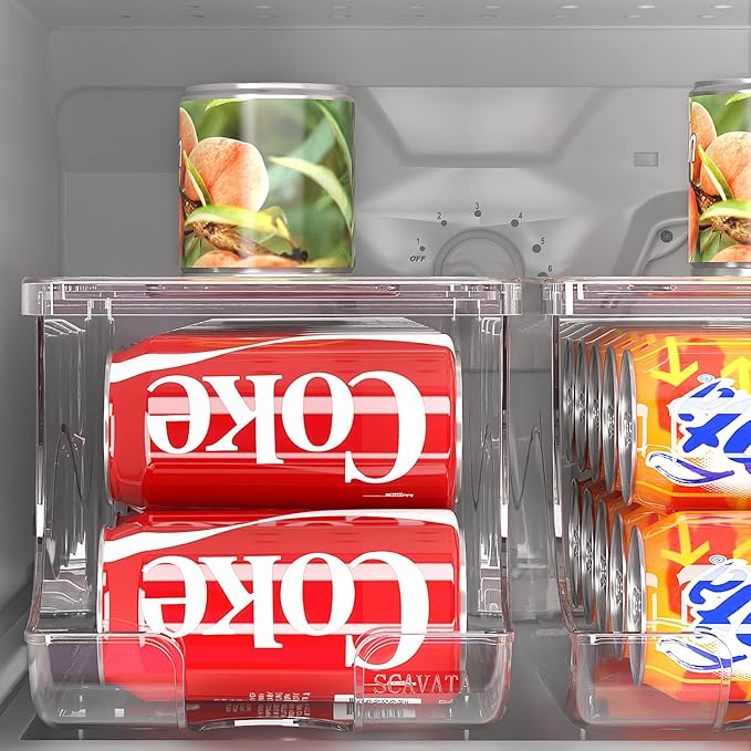 SCAVATA Stackable Refrigerator Organizer, Soda Can Dispenser Pop Cans Container Beverage Holder with Lid for Fridge, Freezer, Kitchen, Clear Plastic Storage Bins-Holds 10 Cans Each (One)