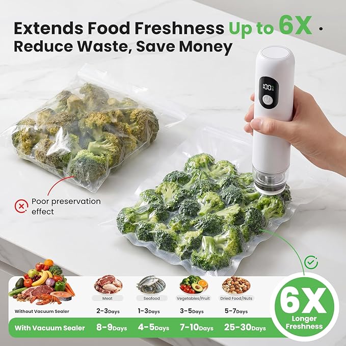 Portable Handheld Vacuum Sealer, Cordless Food Vacuum Sealer Machine for Home & Travel, 1500mAh 60kPa Rechargeable Vacuum Sealer for Food with 30 Bags, for RV, Camping, and Meal Prep