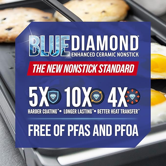 Blue Diamond 20” x 10.5” Extra Large Electric Griddle, Healthy Ceramic Nonstick Surface, Non-Toxic PFAS-Free, Temperature Control, Family Friendly, Removable Drip Tray, Easy Clean, Graphite