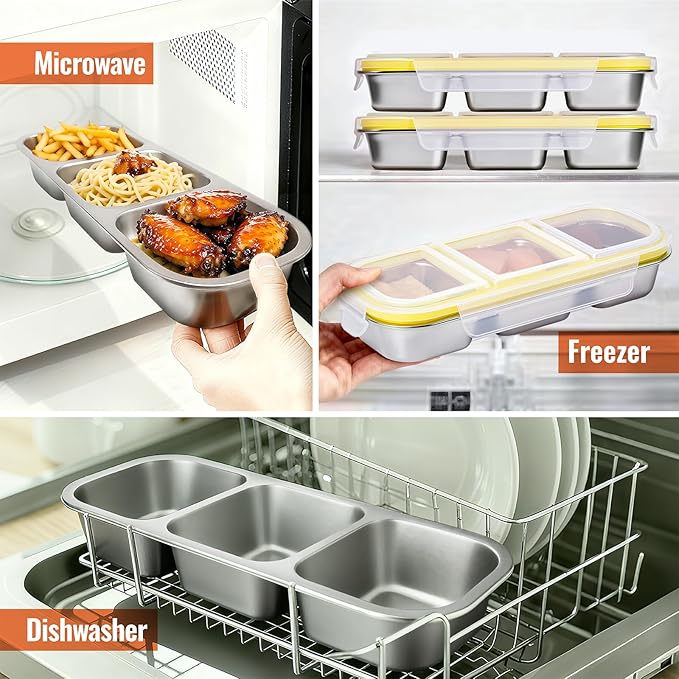 Stainless Steel Snackle Box Container,Reusable Bento Box for Kids & Adults,Leak-Proof Snack Containers with Lids, Perfect for Lunchables, Snack Pack Containers(3 Compartments Yellow)