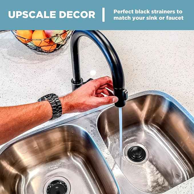 Mudder 3 Pcs Kitchen Sink Drain Strainer and Stopper Stainless Steel Garbage Disposal Plug with Handle Universal Anti-Clogging Kitchen Sink Filter Sieve Basket Strainer(Black)