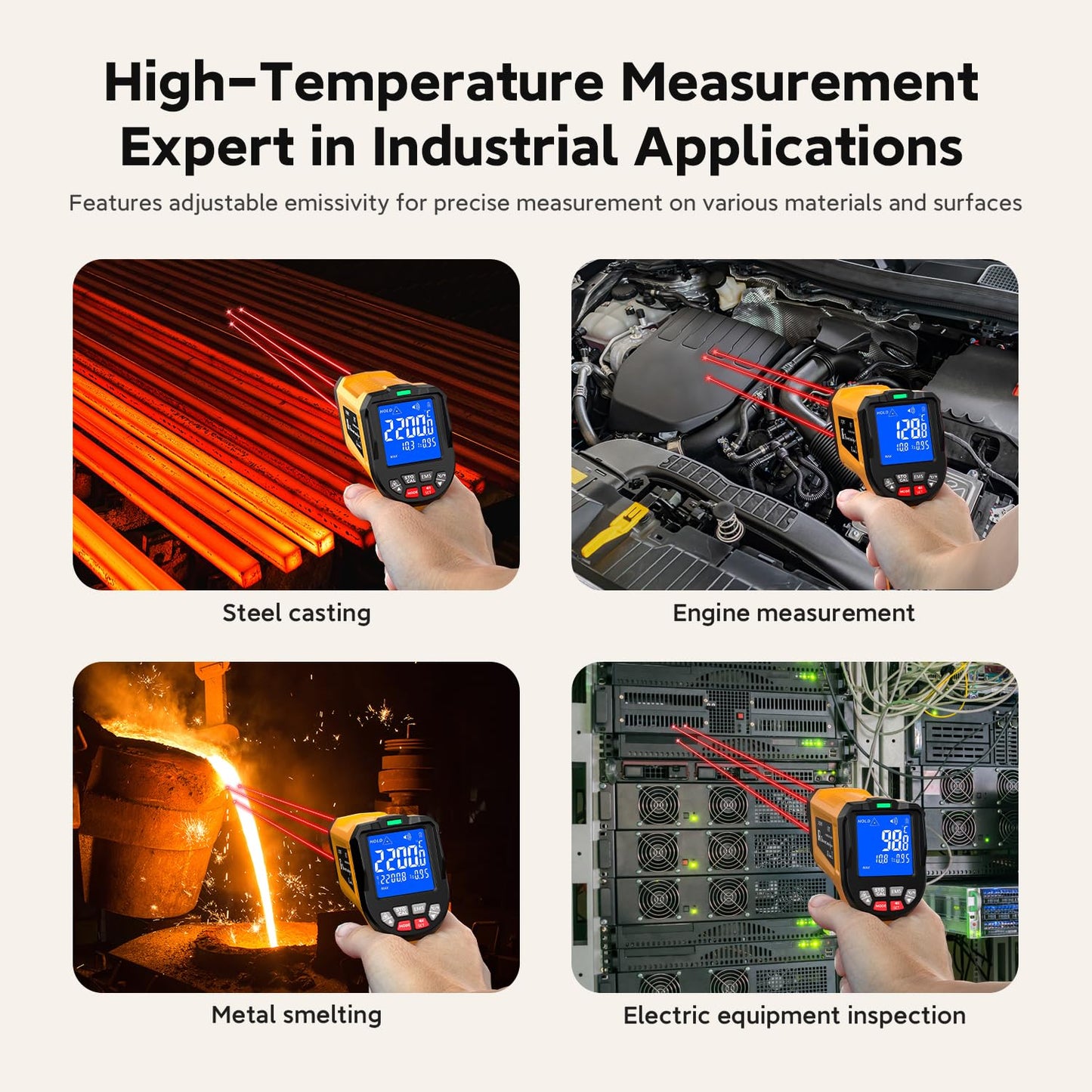 '-58°F to 3992°F Infrared Thermometer IR Gun, High-Temp Digital Temperature Gun 50:1 Non-Contact Pyrometer & Triple Laser for Kiln, Forge, Furnace, Engine, HVAC, Industrial Use