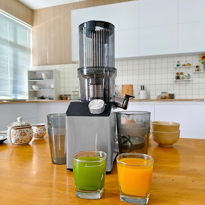 Cold Press Juicer, Wide Feed Chute Juicer Machines, Stainless Steel Slow Masticating Juicers Easy to Clean, Vegetables & Fruits Juice Extractor, High Juice Yield, Platinum Color Knob