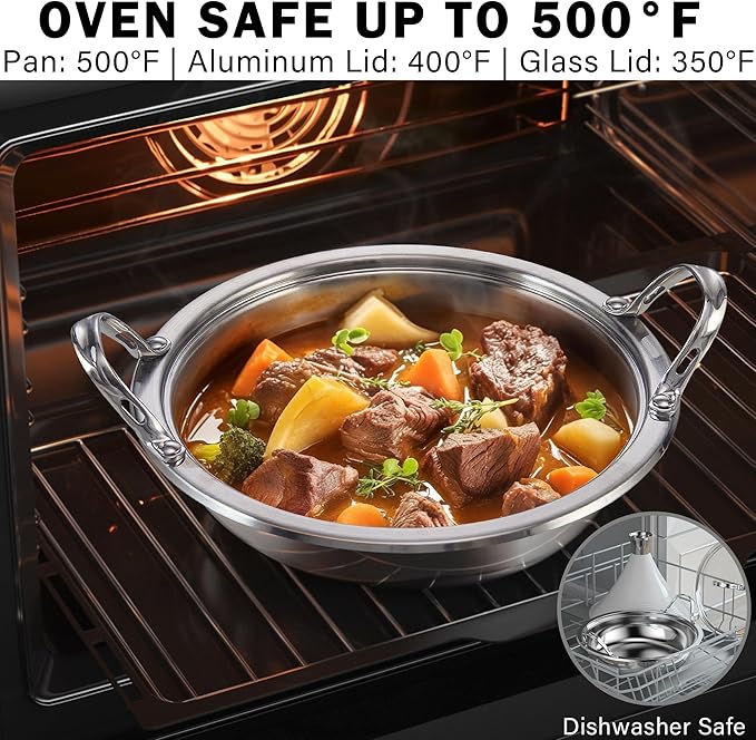 Cooks Standard Moroccan Tagine Pot 3.6 Qt, 11 Inch Multi-Ply Clad Stainless Steel Pan with Dual Handles, Clay Pot Alternative for Slow Cooking, with Conical Die-Cast Aluminum & Glass Lid, White
