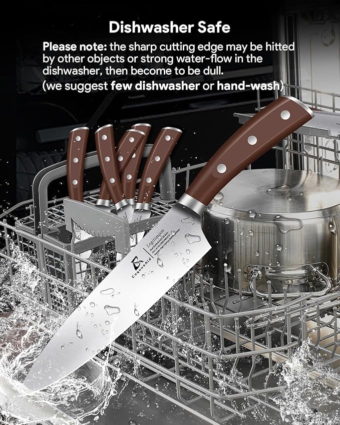 Knife Set, New 15° Beveled Easy Insert, 15 Pcs Kitchen Knife Block Set with Block and Sharpener, German Vacuum Oil Cooled Crafted, Countertop-Free Steak Knife Set, Stainless Steel Brown