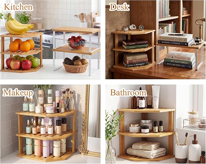 Nuanchu 3 Pcs Cabinet Organizer Shelf Bamboo Corner Rack for Kitchen Counter and Kitchen Counter Shelves for Storage Plates Dishes Bowls Bread Spice Rack Stackable Expandable
