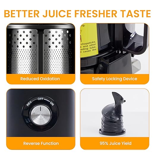 HealSmart Cold Press Juicer, Slow Masticating Juicer Machines with Wide Feed Chute, Fits Whole Fruits and Vegetables, High Juice Yield, BPA Free, Easy to Clean, Black