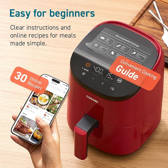 COSORI Small Air Fryer Oven 2.1 Qt, 4-in-1 Mini Airfryer, Bake, Roast, Reheat, Space-saving & Low-noise, Nonstick and Dishwasher Safe Basket, 97% less oil, Sticker with 6 Reference Guides, Red