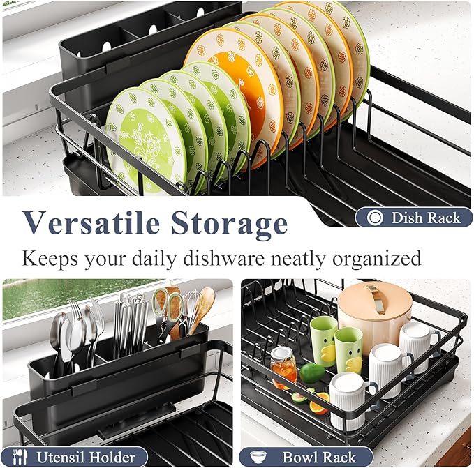 Dish Drying Rack - Rust Resistant Dish Drainer for Kitchen Counter with Drainboard & Rotating Spout, Large-Capacity Dish Rack with Removable Utensil Holder, Space-saving kitchen organizer, Black