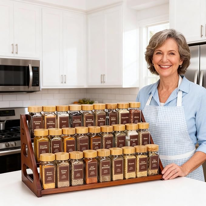 Spice Rack, Spice Organizer -3 Tier Bamboo Spice Racks, Solution for Spice Storage in Kitchens, Countertops,Storage Rooms and Other Places(Brown)