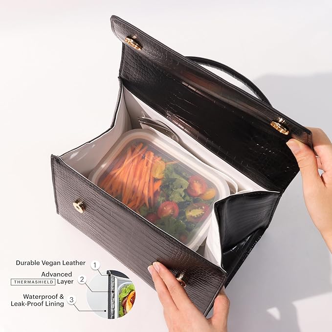BEAUTYGOODIES - Large Insulated Lunch Bag, Black Croc Purse and Bag for Work, Lunch and Picnics. Designer Croc with Vegan Leather, Classy, Insulated Lunch Tote Bag for Women. Cute and a Great Gift !