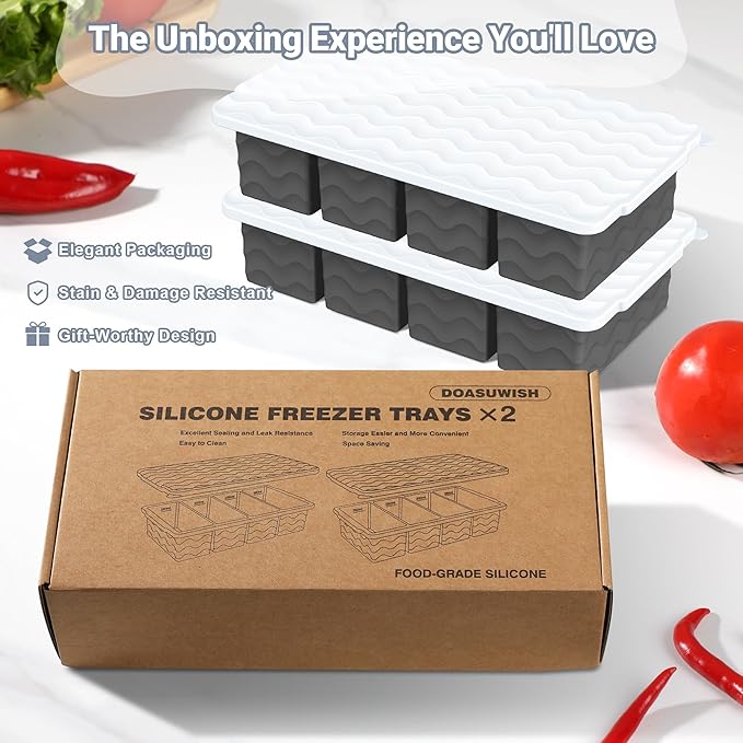 Doasuwish Silicone Freezer Tray for Soup with Lid – 1-Cup Soup Container Style Ice Cube Trays for Freezer, Meal Prep & Food Storage, Freeze 250mL/125mL Portions – 2 Pack