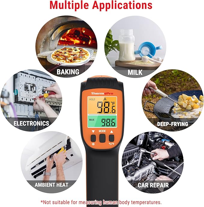 ThermoPro TP450 Dual Laser Temperature Gun for Cooking, Digital Infrared Thermometer for Pizza Oven Grill, Laser Thermometer Gun with Adjustable Emissivity Temp Gun -58℉to 1022℉(Not for Human)