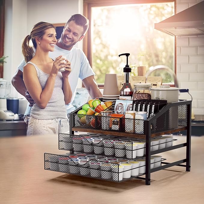 Homsorout Coffee Bar Organizer - Coffee Station for Countertop, Metal and Wood K Cup holder Storage Basket for Coffee Pods, Syrup, Cups, Stirrer, Coffee Condiment, Tea Organizer, Black and Brown