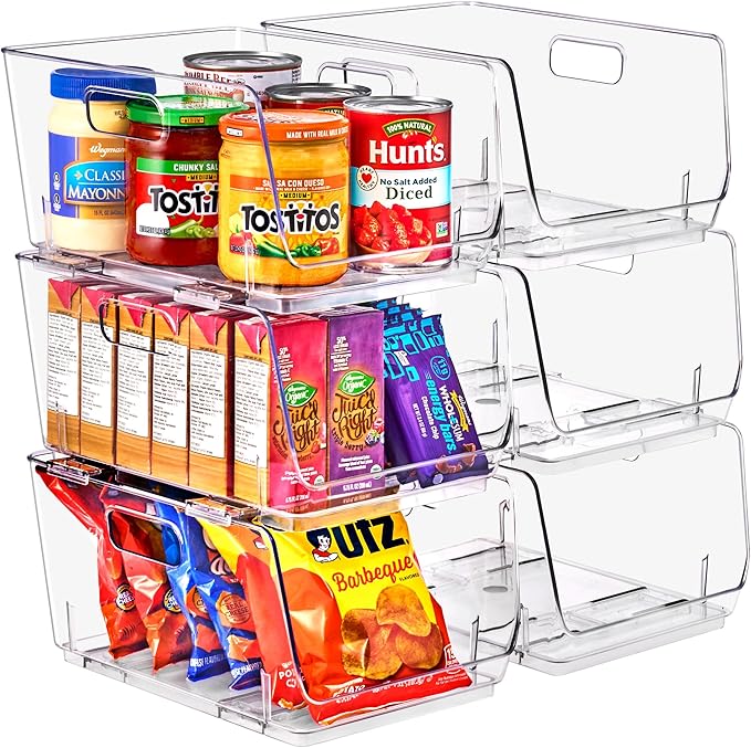 Sorbus Stackable Storage Bins Open Front, Clear Stackable Storage Bins, Pantry Bins for Storage and Organization, Acrylic Stackable Bins for Kitchen, Clear Pantry Organizer Bins (Medium 6 Pack)